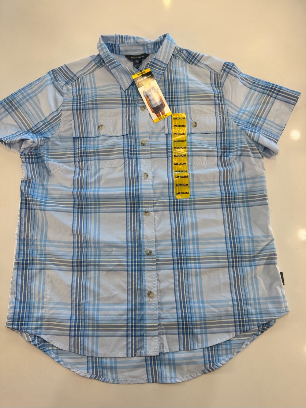 Eddie Bauer Light Blue Plaid Short-Sleeve Button-Down Shirt